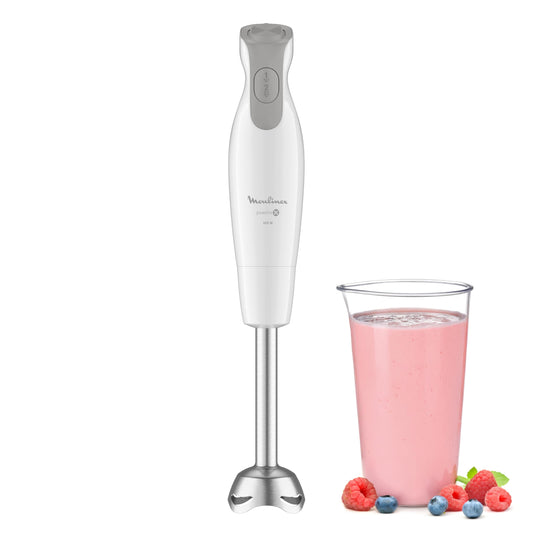 Moulinex Mixeur plongeant, 600 W, 2 vitesses, Poignée ergonomique, Pied antiéclaboussures inox, Compatible lave-vaisselle, 4 lames technologie Powelix, Daily Chef Blanc DD551110