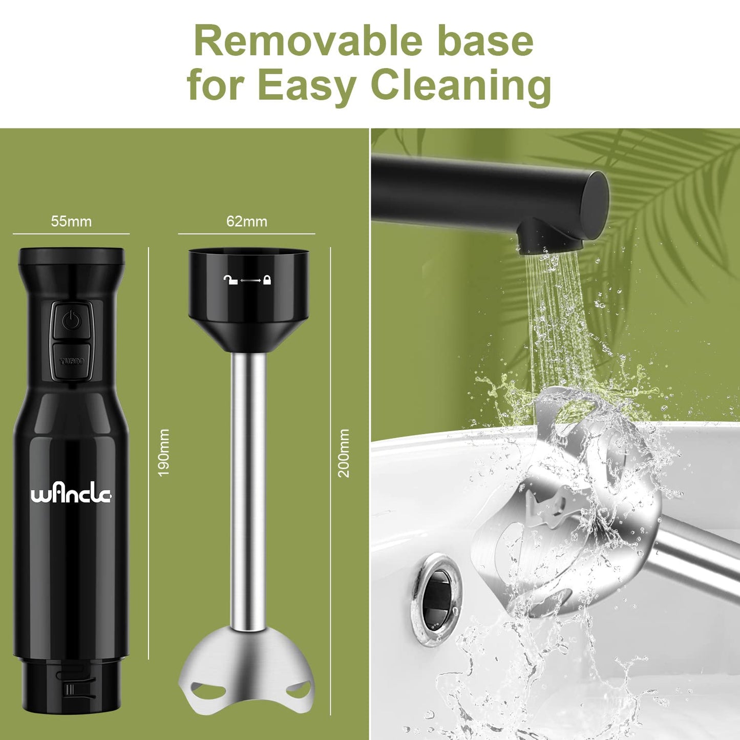 Mixeur Plongeant, Wancle mixer plongeur 600W, avec mode turbo pour les aliments pour bébés, les smoothies, les sauces et les soupes (Black)