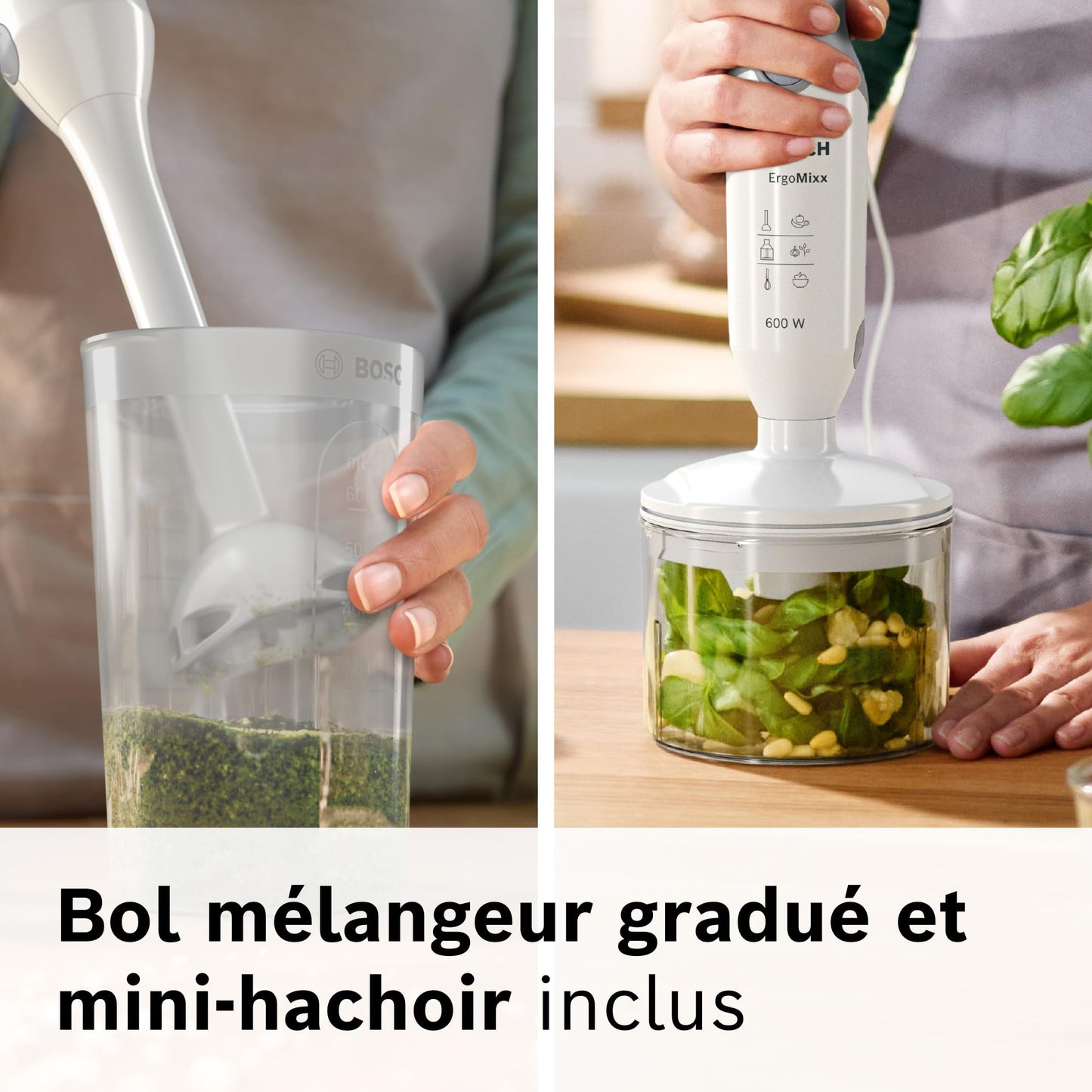 Bosch Mixeur plongeant ErgoMixx, moteur 600 W, 12 vitesses et fonction turbo, hachoir, gobelet doseur, blanc/gris, MSM66020