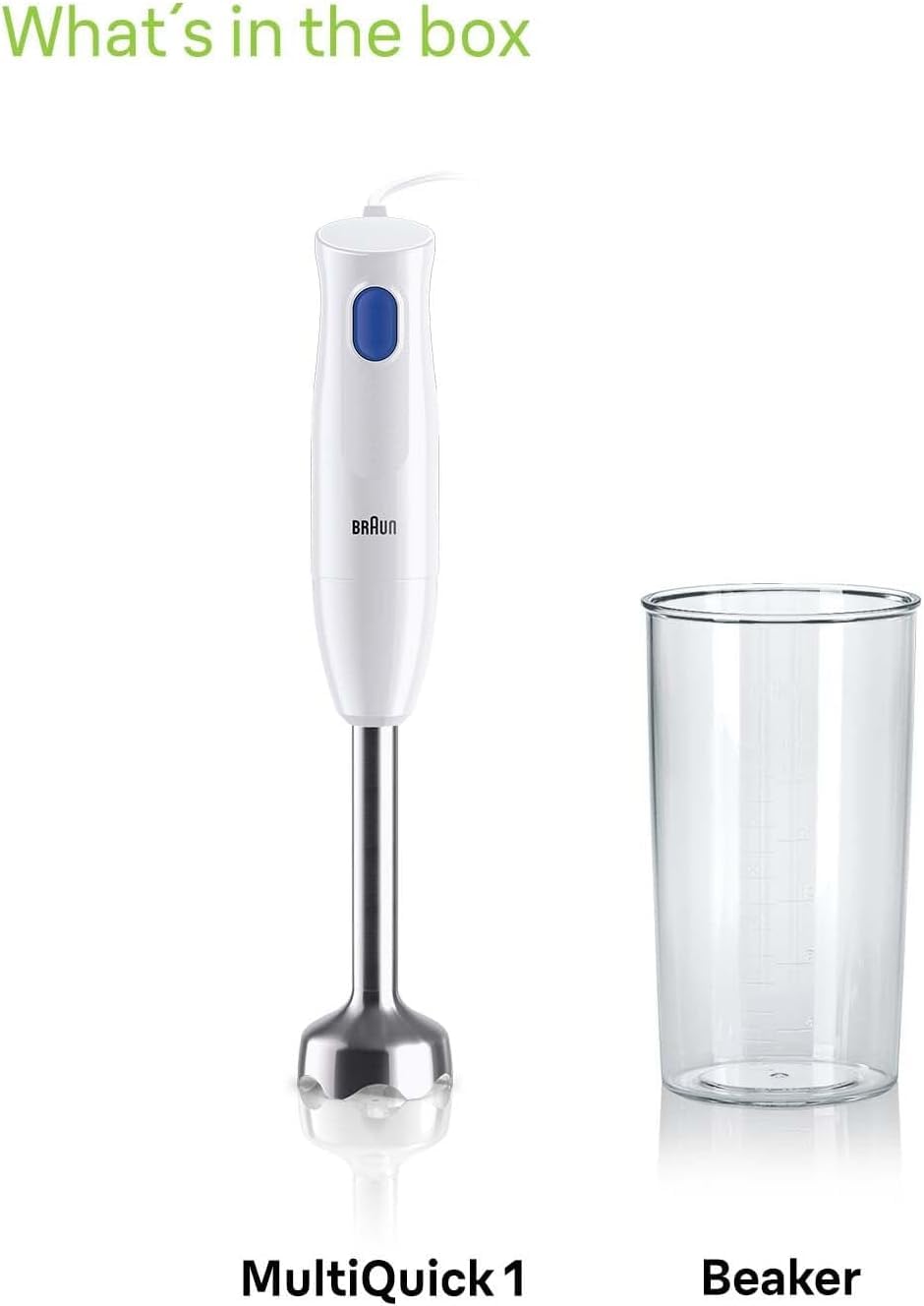 Braun MultiQuick 1 MQ10.001M, Mixeur Plongeant Extra Léger, Pied Mixeur en Acier Inoxydable, Système EasyTwist, Pièces Lavables au Lave-vaisselle, Verre Doseur de 600 ml sans BPA, 450W, Blanc