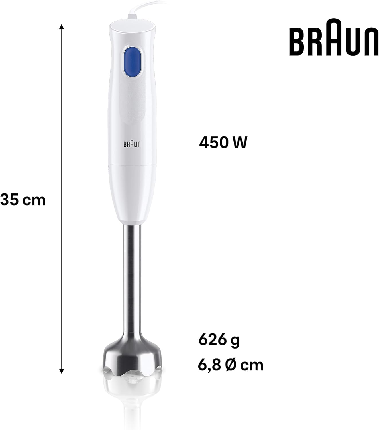 Braun MultiQuick 1 MQ10.001M, Mixeur Plongeant Extra Léger, Pied Mixeur en Acier Inoxydable, Système EasyTwist, Pièces Lavables au Lave-vaisselle, Verre Doseur de 600 ml sans BPA, 450W, Blanc