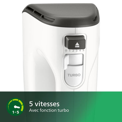 Philips Série 5000 Batteur Mixeur - Puissance 450 W, Fouets Coniques pour Pâte Aérée, 5 Vitesses + Turbo, Éjection Facile des Accessoires, Clip Attache-Cordon (HR3741/00)