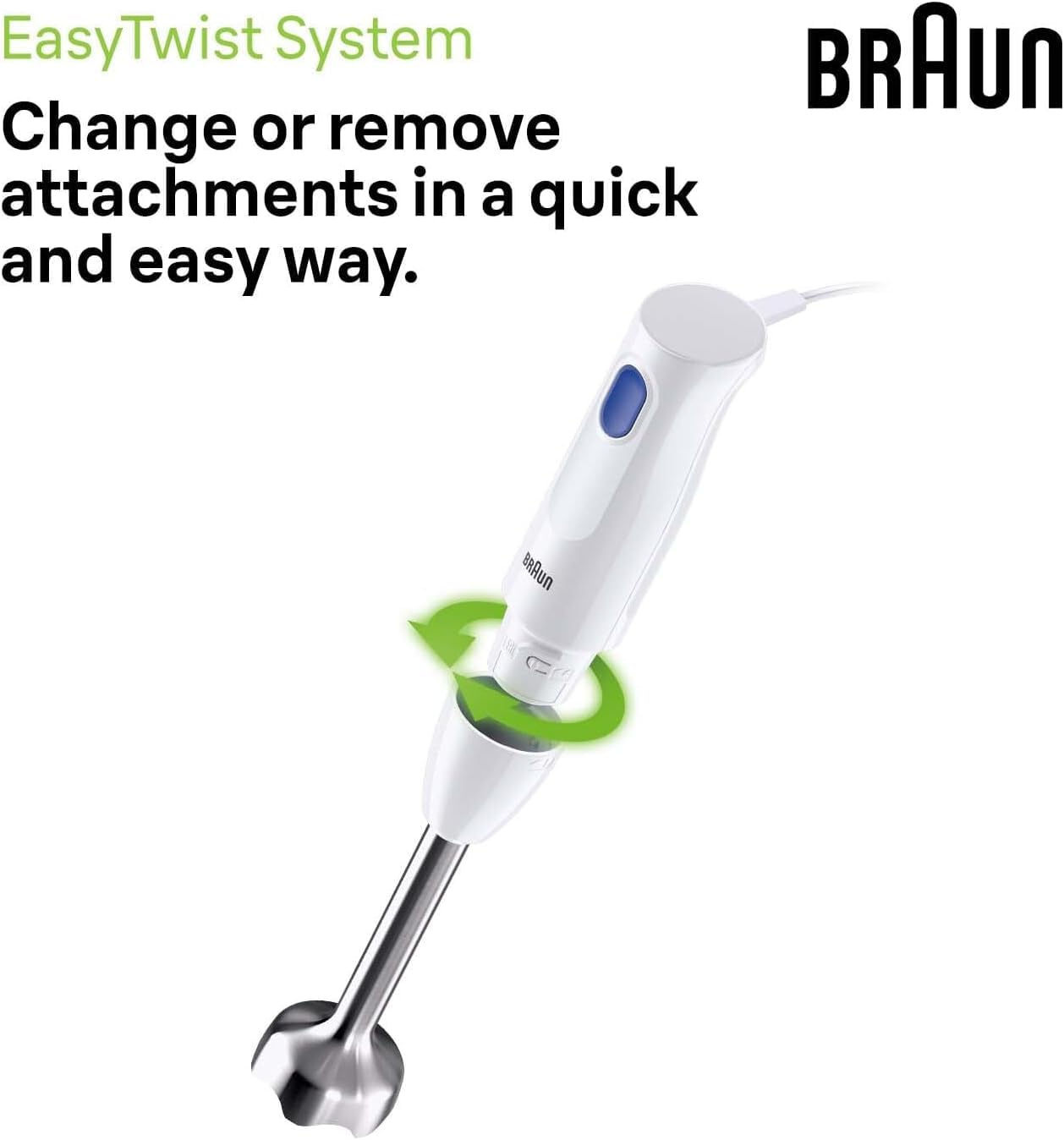 Braun MultiQuick 1 MQ10.001M, Mixeur Plongeant Extra Léger, Pied Mixeur en Acier Inoxydable, Système EasyTwist, Pièces Lavables au Lave-vaisselle, Verre Doseur de 600 ml sans BPA, 450W, Blanc