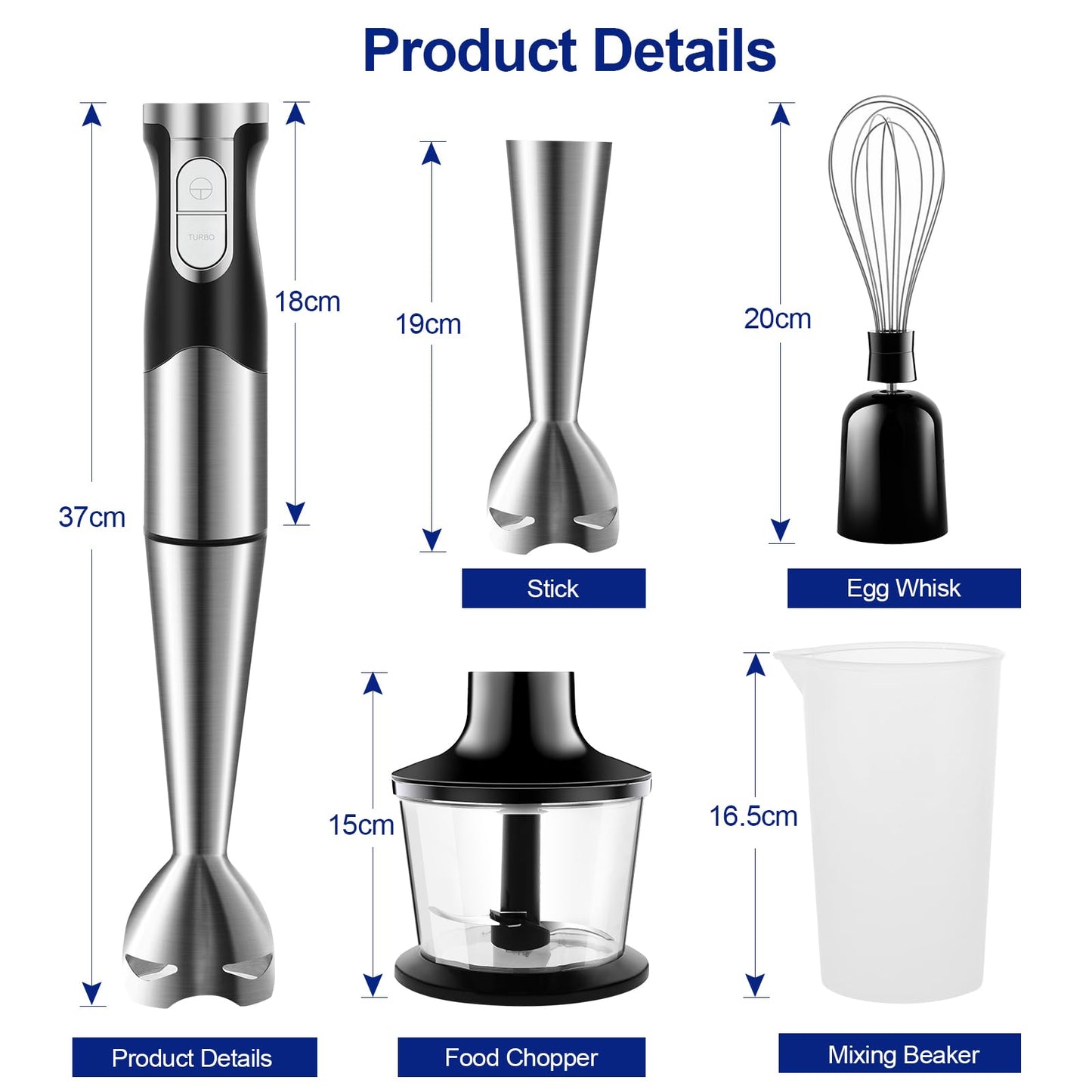 6 en 1 Mixeur Plongeant Puissant 1200W Vitesse Réglable Mélangeur à Main Multifonction en Acier Inoxydable avec Fonction Anti-éclaboussures pour Mélanger les Légumes les Glaces et de la Confiture etc