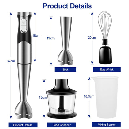 6 en 1 Mixeur Plongeant Puissant 1200W Vitesse Réglable Mélangeur à Main Multifonction en Acier Inoxydable avec Fonction Anti-éclaboussures pour Mélanger les Légumes les Glaces et de la Confiture etc