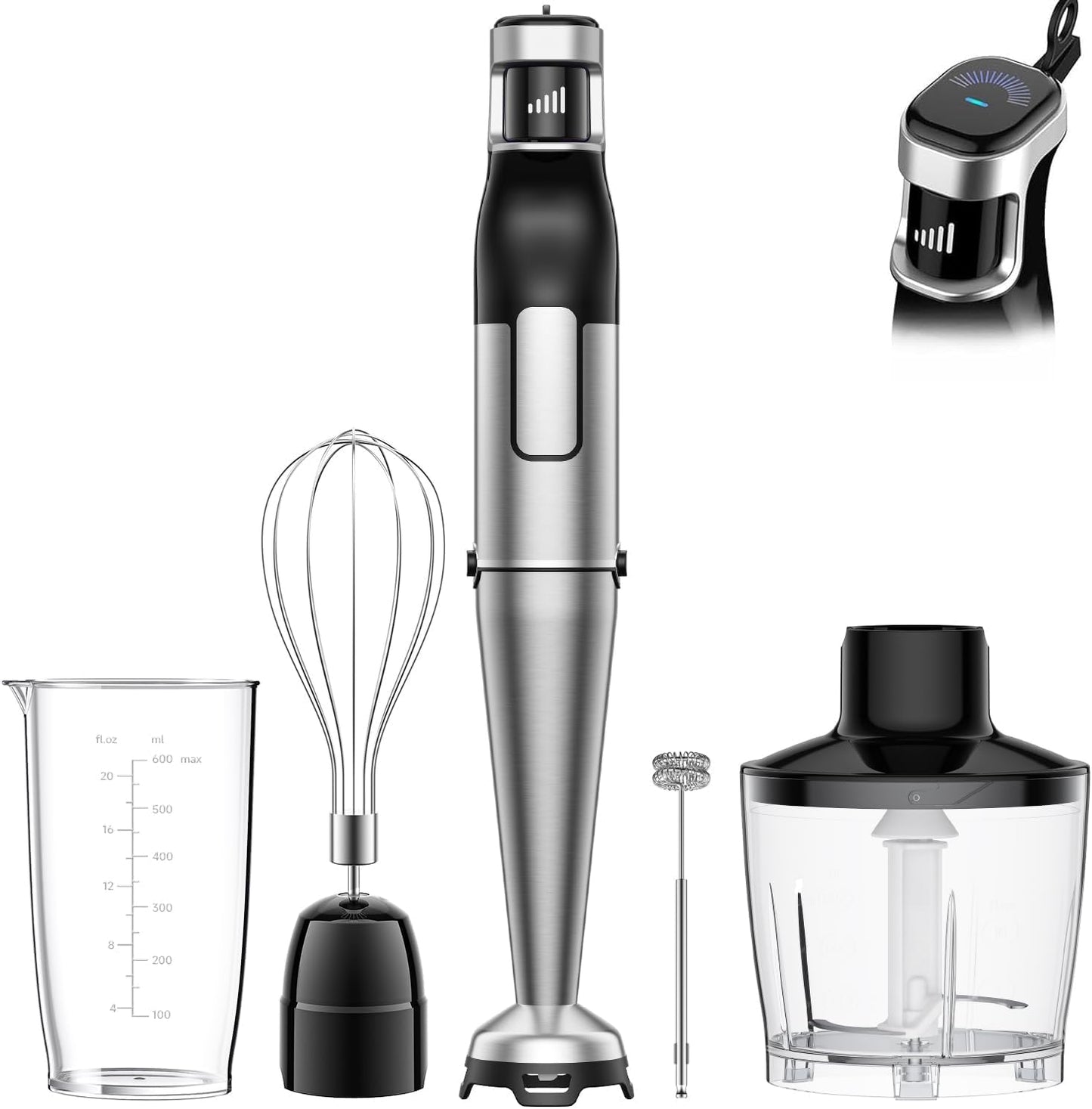 BESROY Mixeur Plongeant 5 en 1, 1100W, Vitesse Progressive, Lames Inox & Protection Anti-rayures, Hachoir Électrique, Fouet, Mousseur à Lait, Verre Doseur, pour Soupe, Smoothie, Purée