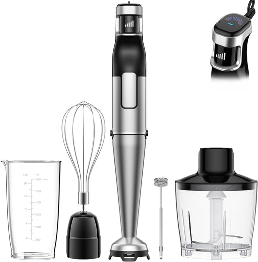 BESROY Mixeur Plongeant 5 en 1, 1100W, Vitesse Progressive, Lames Inox & Protection Anti-rayures, Hachoir Électrique, Fouet, Mousseur à Lait, Verre Doseur, pour Soupe, Smoothie, Purée