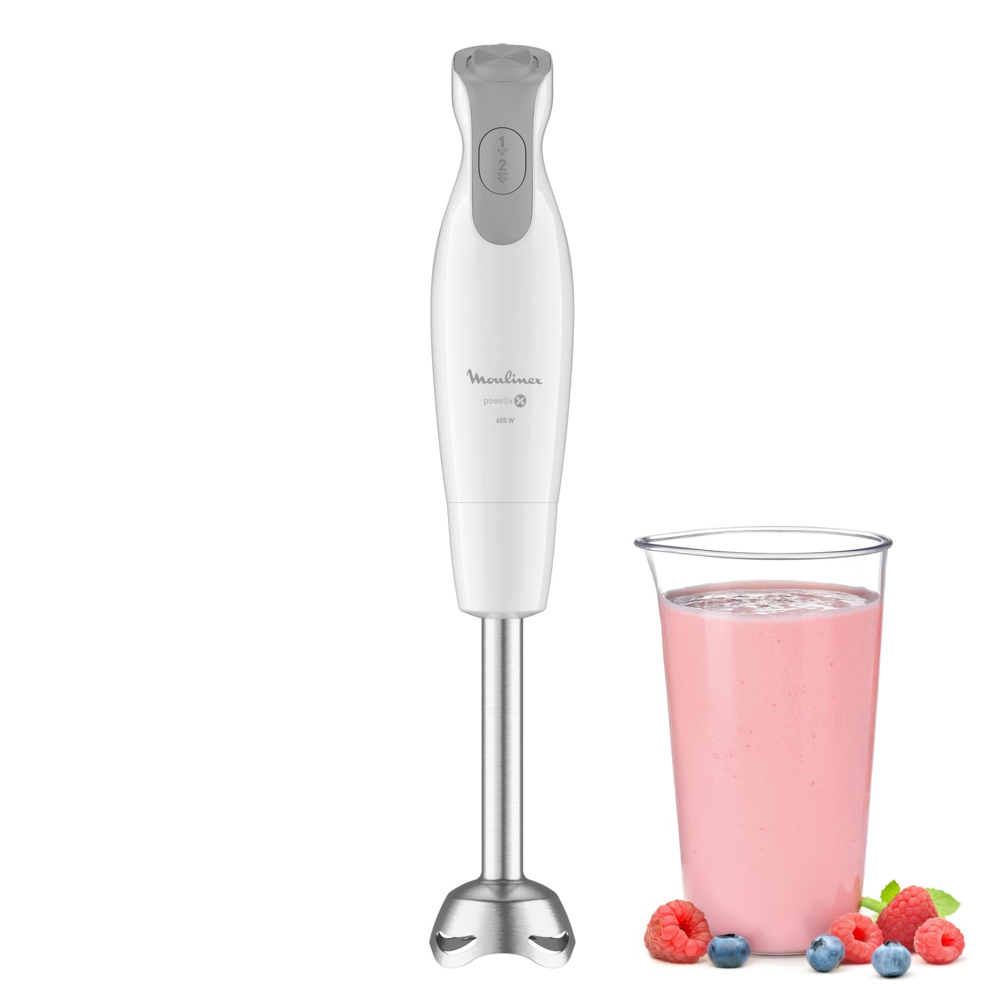 Moulinex Mixeur plongeant, 600 W, 2 vitesses, Poignée ergonomique, Pied antiéclaboussures inox, Compatible lave-vaisselle, 4 lames technologie Powelix, Daily Chef Blanc DD551110