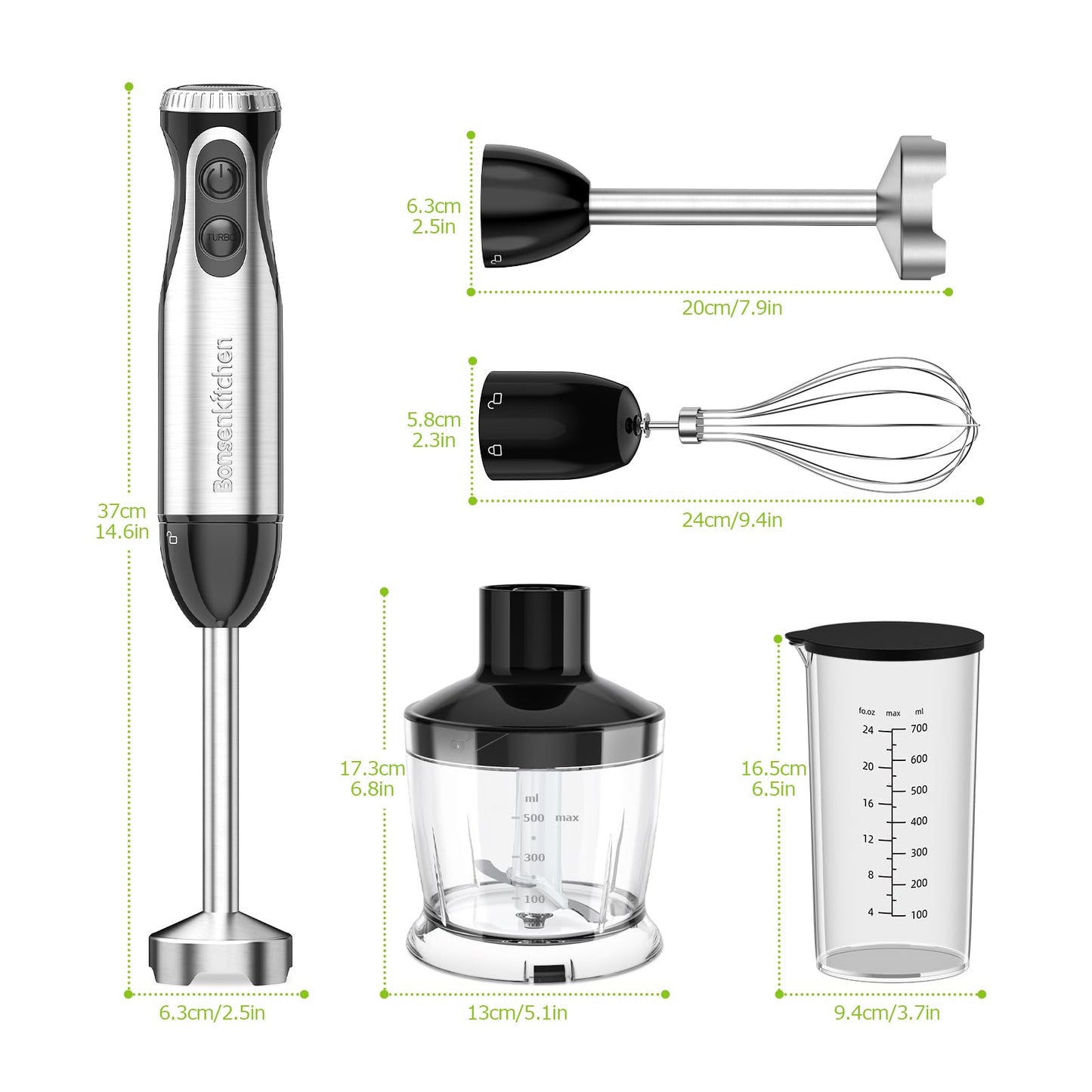Bonsenkitchen Mixeur Plongeant, 4-en-1 Mixeur Plongeur Multifonction 1000W, 20 Vitesse Réglable, avec Fouet, Hachoir de 500ml et Verre Doseur 700 ml, Robot de Cuisine (HB3203)