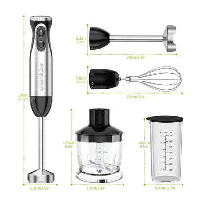 Bonsenkitchen Mixeur Plongeant, 4-en-1 Mixeur Plongeur Multifonction 1000W, 20 Vitesse Réglable, avec Fouet, Hachoir de 500ml et Verre Doseur 700 ml, Robot de Cuisine (HB3203)