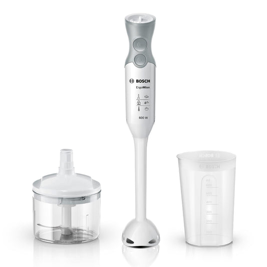 Bosch Mixeur plongeant ErgoMixx, moteur 600 W, 12 vitesses et fonction turbo, hachoir, gobelet doseur, blanc/gris, MSM66020