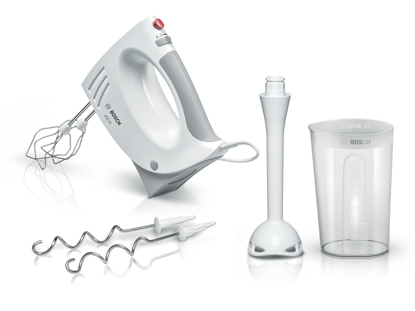 Bosch MFQ3540 – Batteur polyvalent avec plusieures accessoires – Puissance de 450 W – Couleur : Blanc/Gris