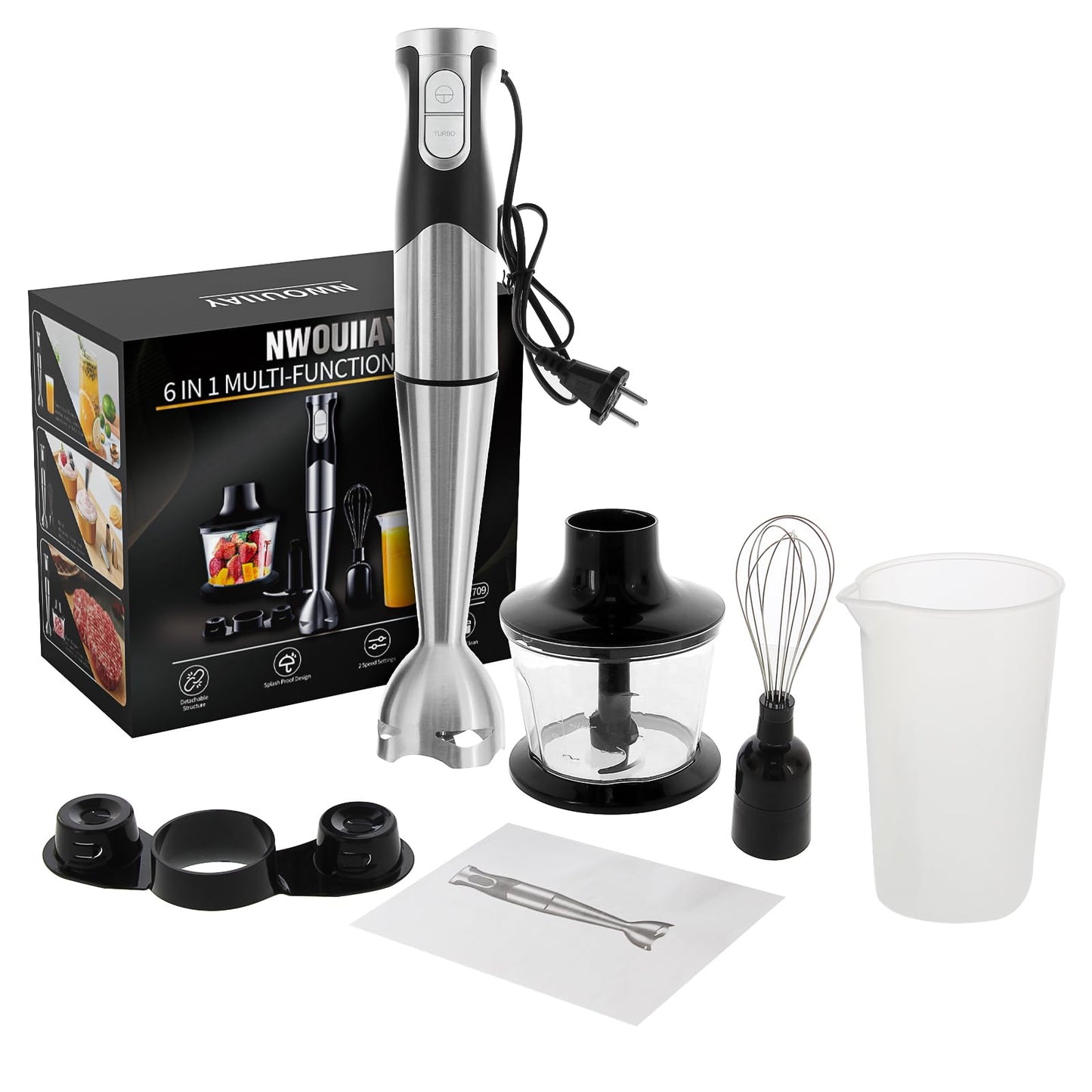 6 en 1 Mixeur Plongeant Puissant 1200W Vitesse Réglable Mélangeur à Main Multifonction en Acier Inoxydable avec Fonction Anti-éclaboussures pour Mélanger les Légumes les Glaces et de la Confiture etc