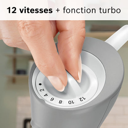 Bosch Mixeur plongeant ErgoMixx, moteur 600 W, 12 vitesses et fonction turbo, hachoir, gobelet doseur, blanc/gris, MSM66020