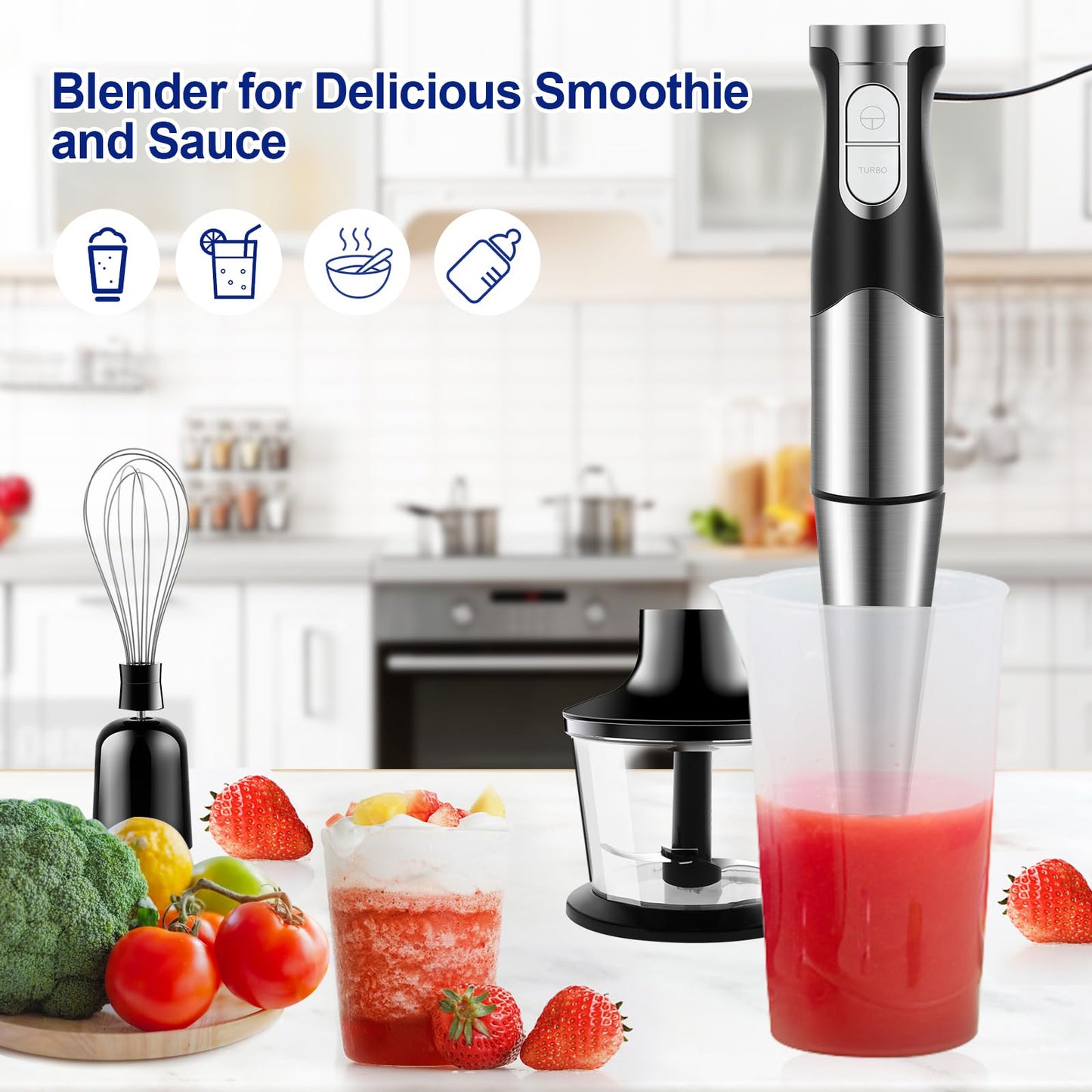 6 en 1 Mixeur Plongeant Puissant 1200W Vitesse Réglable Mélangeur à Main Multifonction en Acier Inoxydable avec Fonction Anti-éclaboussures pour Mélanger les Légumes les Glaces et de la Confiture etc