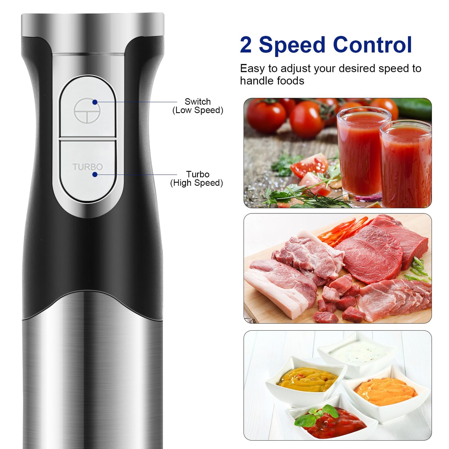 6 en 1 Mixeur Plongeant Puissant 1200W Vitesse Réglable Mélangeur à Main Multifonction en Acier Inoxydable avec Fonction Anti-éclaboussures pour Mélanger les Légumes les Glaces et de la Confiture etc