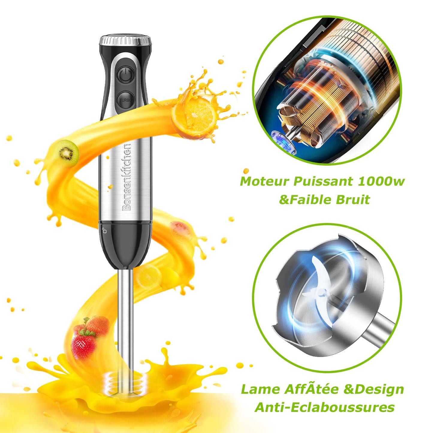 Bonsenkitchen Mixeur Plongeant, 4-en-1 Mixeur Plongeur Multifonction 1000W, 20 Vitesse Réglable, avec Fouet, Hachoir de 500ml et Verre Doseur 700 ml, Robot de Cuisine (HB3203)