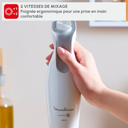 Moulinex Mixeur plongeant, 600 W, 2 vitesses, Poignée ergonomique, Pied antiéclaboussures inox, Compatible lave-vaisselle, 4 lames technologie Powelix, Daily Chef Blanc DD551110