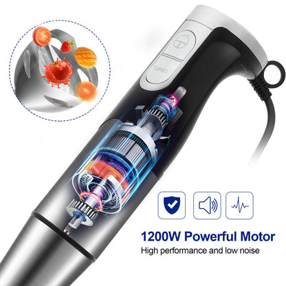 6 en 1 Mixeur Plongeant Puissant 1200W Vitesse Réglable Mélangeur à Main Multifonction en Acier Inoxydable avec Fonction Anti-éclaboussures pour Mélanger les Légumes les Glaces et de la Confiture etc