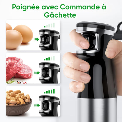 BESROY Mixeur Plongeant 5 en 1, 1100W, Vitesse Progressive, Lames Inox & Protection Anti-rayures, Hachoir Électrique, Fouet, Mousseur à Lait, Verre Doseur, pour Soupe, Smoothie, Purée