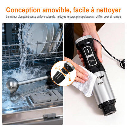Ibergrif Mixeur Plongeant 1000W en Acier Inoxydable avec Réglage Continu de Vitesse et Bouton Turbo, Mixer Plongeur pour Soupes Smoothies Purées Sauces