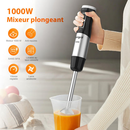 Ibergrif Mixeur Plongeant 1000W en Acier Inoxydable avec Réglage Continu de Vitesse et Bouton Turbo, Mixer Plongeur pour Soupes Smoothies Purées Sauces