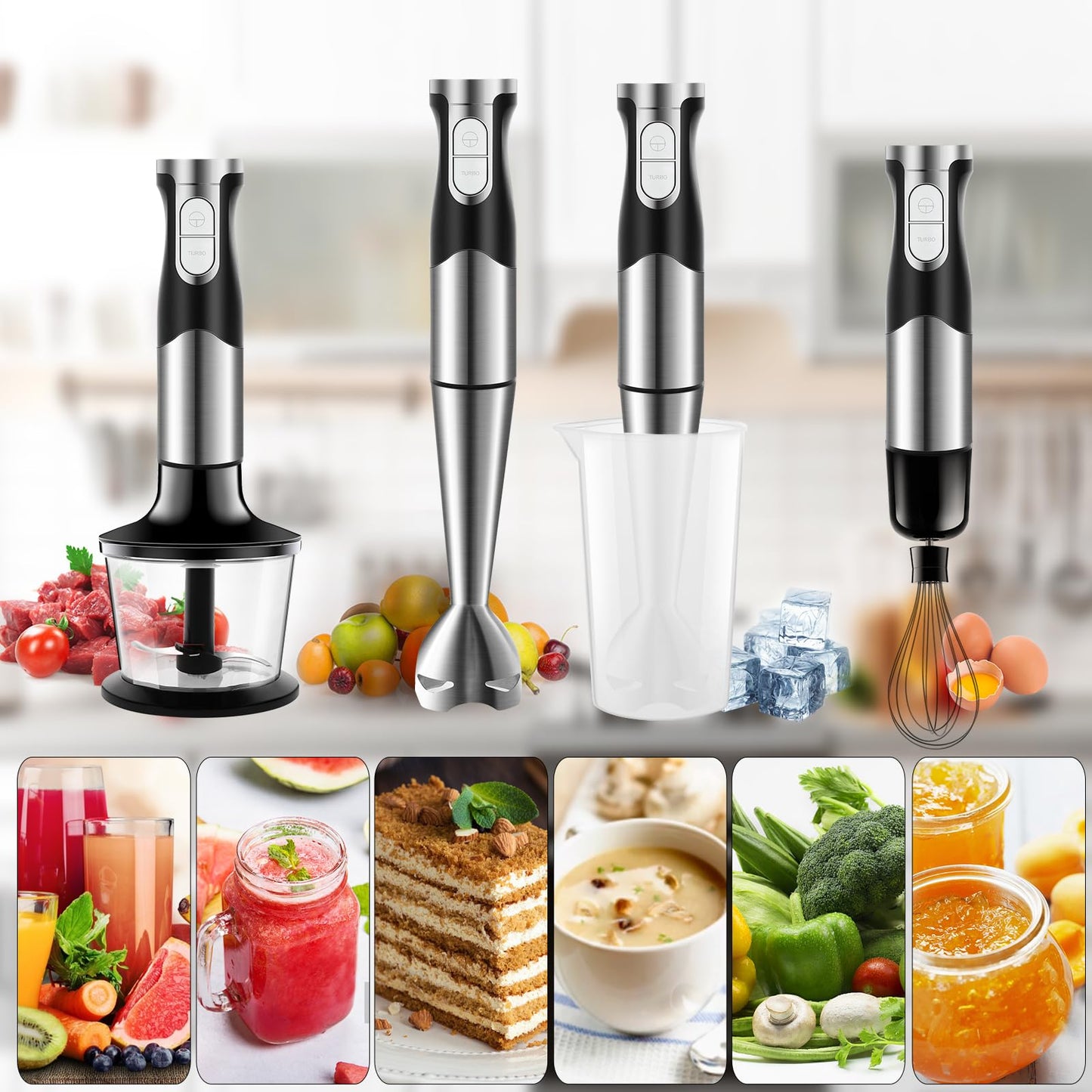 6 en 1 Mixeur Plongeant Puissant 1200W Vitesse Réglable Mélangeur à Main Multifonction en Acier Inoxydable avec Fonction Anti-éclaboussures pour Mélanger les Légumes les Glaces et de la Confiture etc
