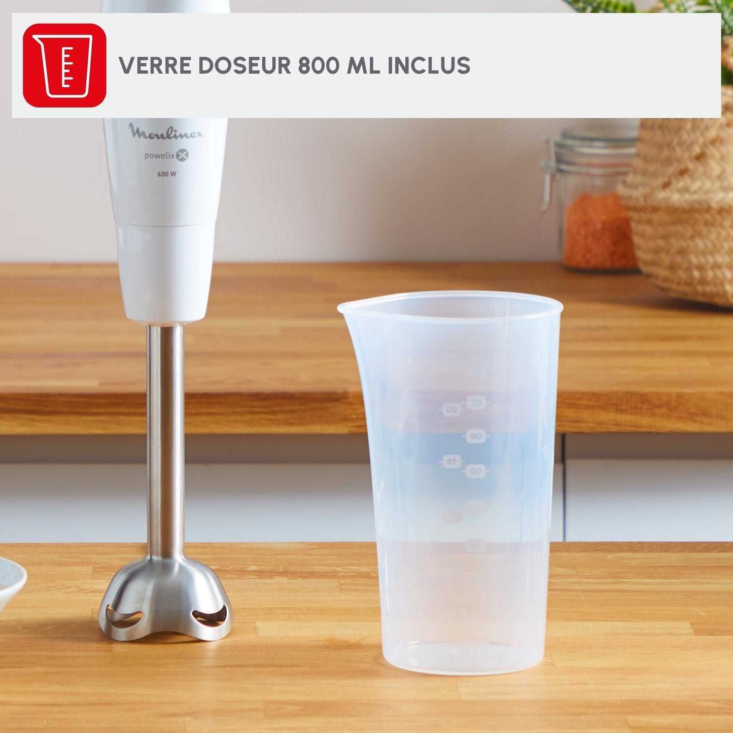 Moulinex Mixeur plongeant, 600 W, 2 vitesses, Poignée ergonomique, Pied antiéclaboussures inox, Compatible lave-vaisselle, 4 lames technologie Powelix, Daily Chef Blanc DD551110
