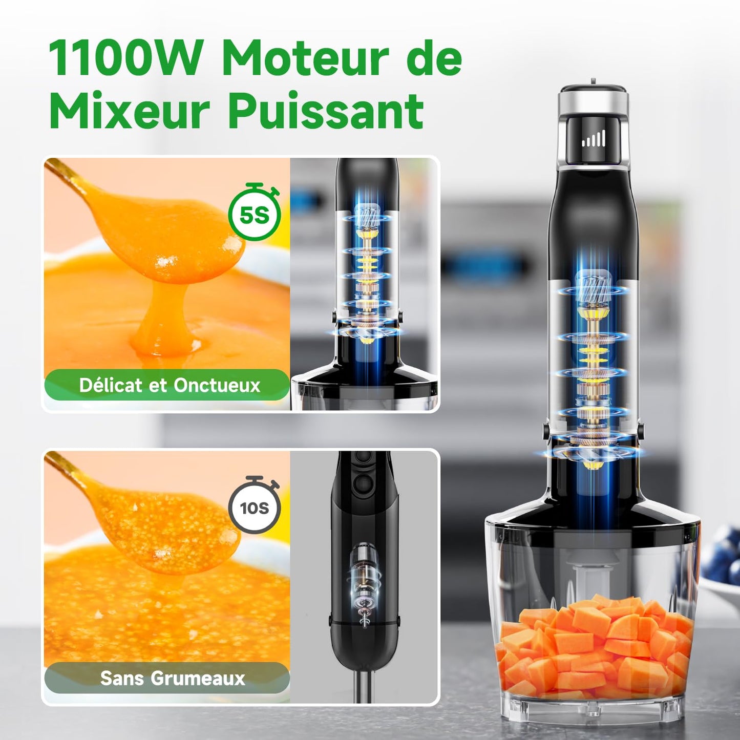 BESROY Mixeur Plongeant 5 en 1, 1100W, Vitesse Progressive, Lames Inox & Protection Anti-rayures, Hachoir Électrique, Fouet, Mousseur à Lait, Verre Doseur, pour Soupe, Smoothie, Purée