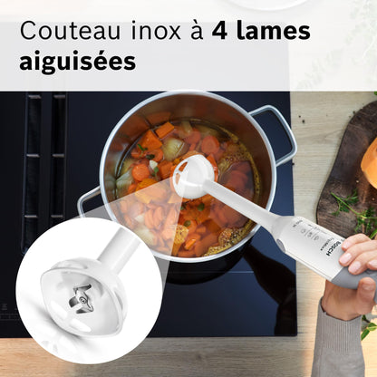 Bosch Mixeur plongeant ErgoMixx, moteur 600 W, 12 vitesses et fonction turbo, hachoir, gobelet doseur, blanc/gris, MSM66020