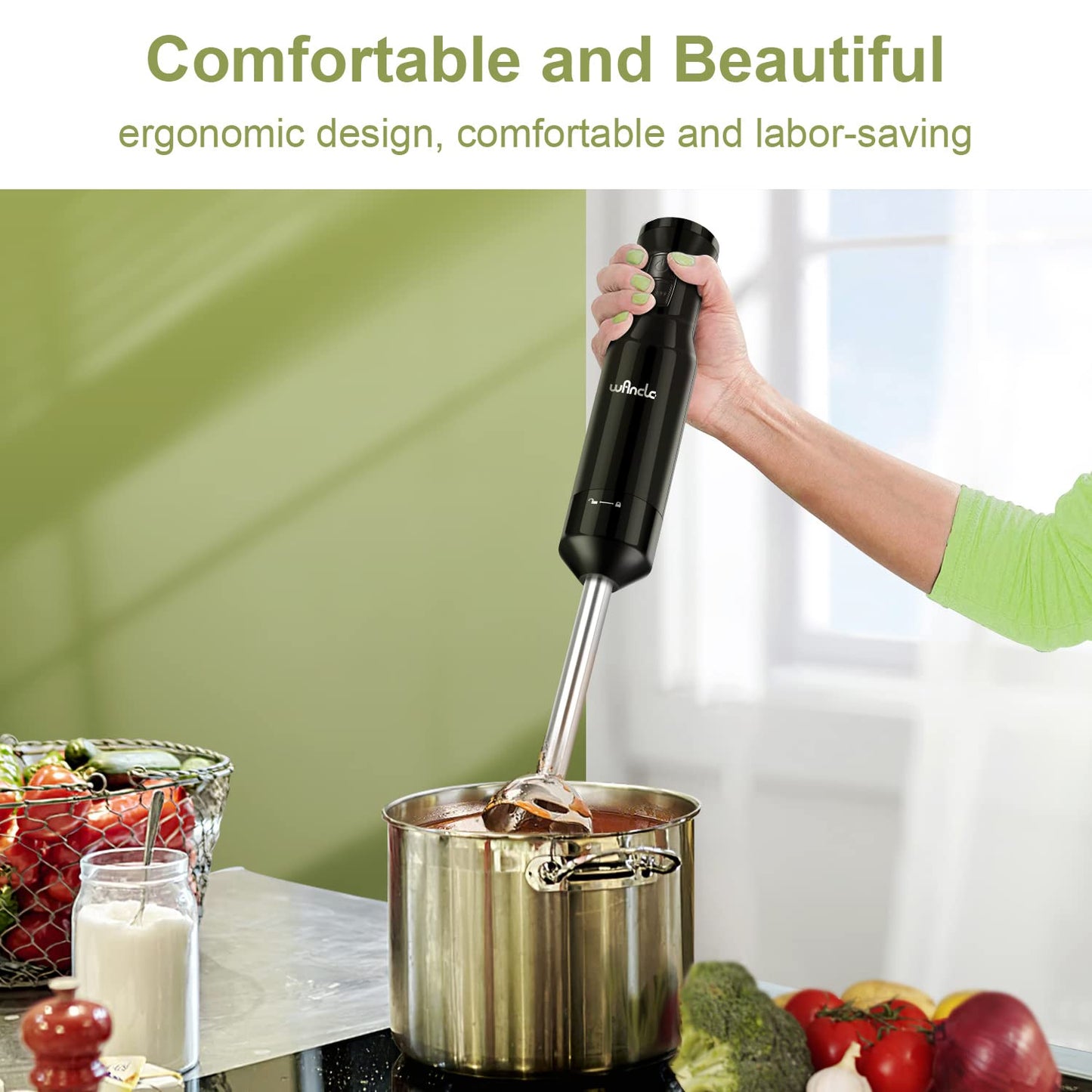 Mixeur Plongeant, Wancle mixer plongeur 600W, avec mode turbo pour les aliments pour bébés, les smoothies, les sauces et les soupes (Black)
