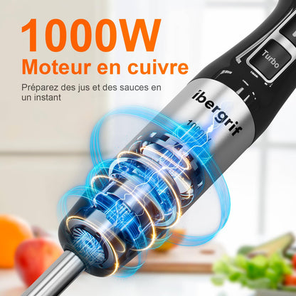 Ibergrif Mixeur Plongeant 1000W en Acier Inoxydable avec Réglage Continu de Vitesse et Bouton Turbo, Mixer Plongeur pour Soupes Smoothies Purées Sauces