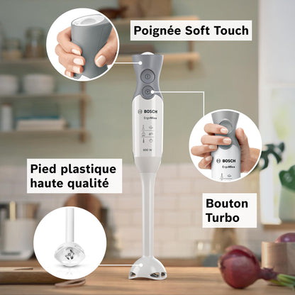 Bosch Mixeur plongeant ErgoMixx, moteur 600 W, 12 vitesses et fonction turbo, hachoir, gobelet doseur, blanc/gris, MSM66020