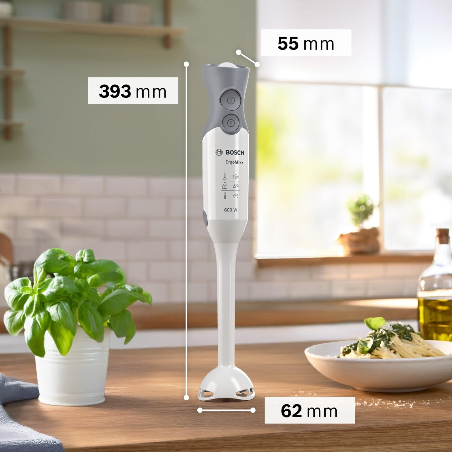 Bosch Mixeur plongeant ErgoMixx, moteur 600 W, 12 vitesses et fonction turbo, hachoir, gobelet doseur, blanc/gris, MSM66020
