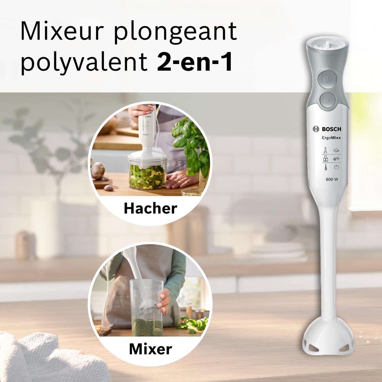 Bosch Mixeur plongeant ErgoMixx, moteur 600 W, 12 vitesses et fonction turbo, hachoir, gobelet doseur, blanc/gris, MSM66020