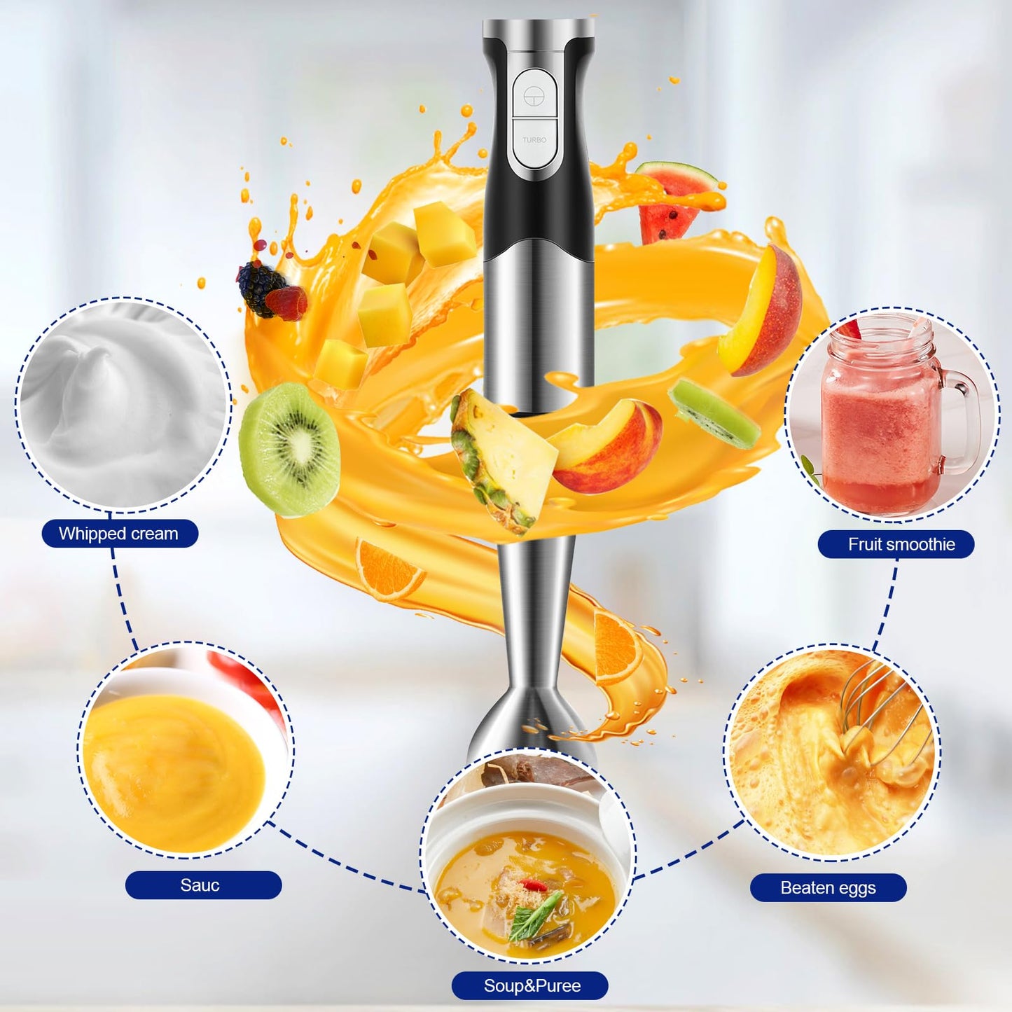 6 en 1 Mixeur Plongeant Puissant 1200W Vitesse Réglable Mélangeur à Main Multifonction en Acier Inoxydable avec Fonction Anti-éclaboussures pour Mélanger les Légumes les Glaces et de la Confiture etc