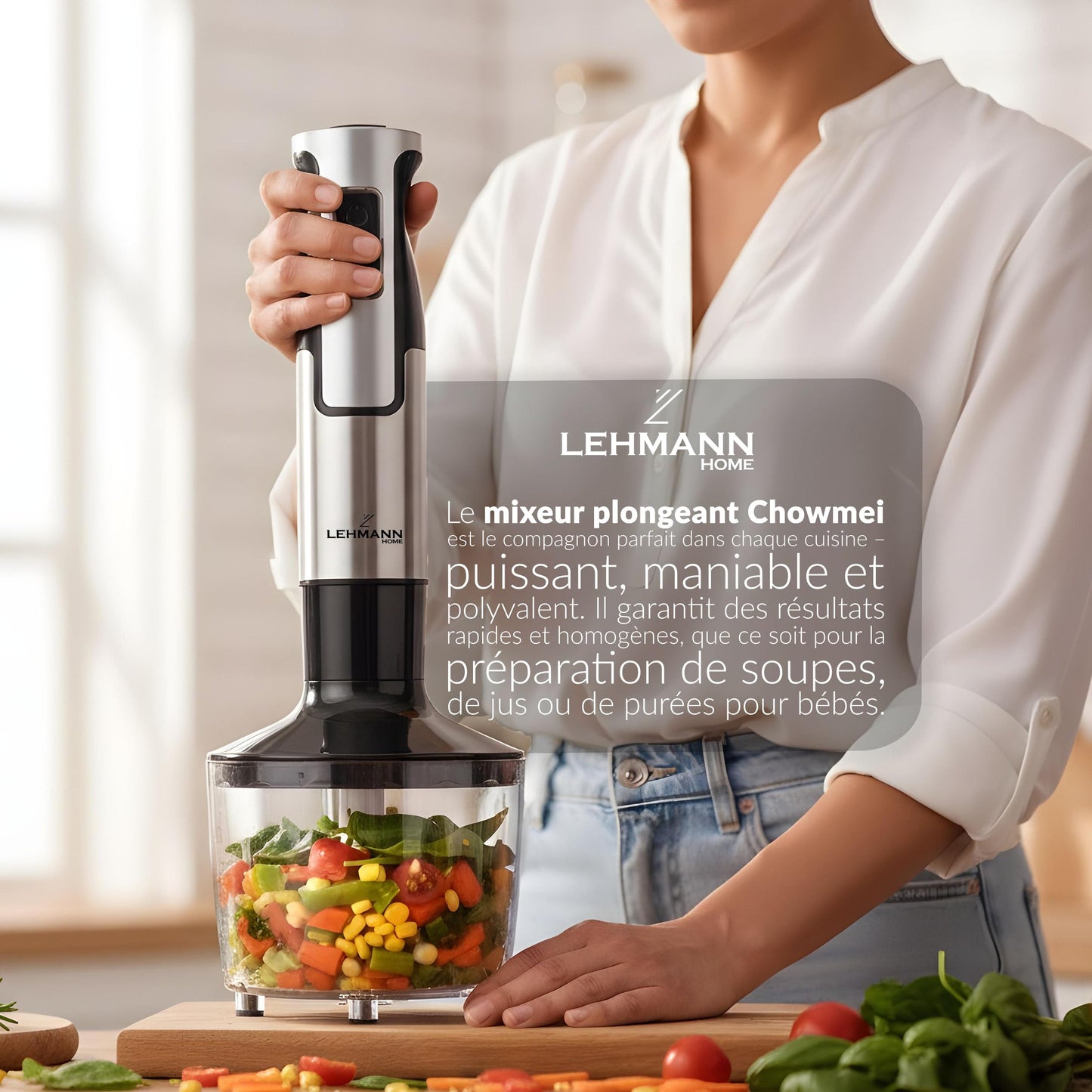 Lehmann Chowmei Mixeur plongeant 1200 W, Mixeur Plongeur avec 8 niveaux de vitesse en acier inoxydable, Mixeur blender pour Aliments pour Bébé, Soupe, Sauce et Purée, Accessoires du mixer inclus