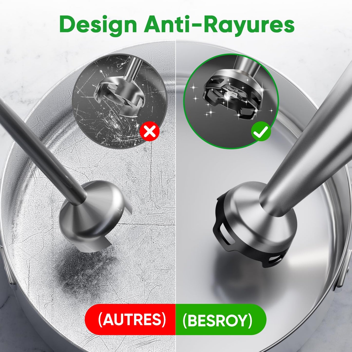 BESROY Mixeur Plongeant 5 en 1, 1100W, Vitesse Progressive, Lames Inox & Protection Anti-rayures, Hachoir Électrique, Fouet, Mousseur à Lait, Verre Doseur, pour Soupe, Smoothie, Purée