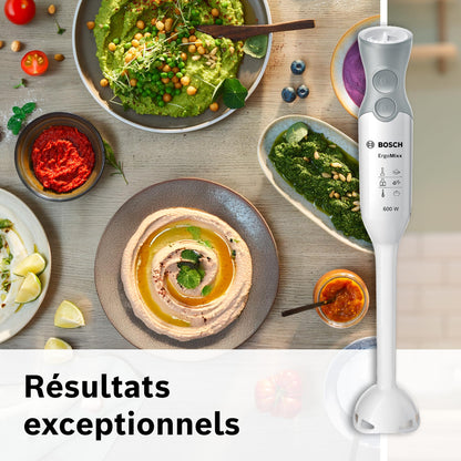 Bosch Mixeur plongeant ErgoMixx, moteur 600 W, 12 vitesses et fonction turbo, hachoir, gobelet doseur, blanc/gris, MSM66020