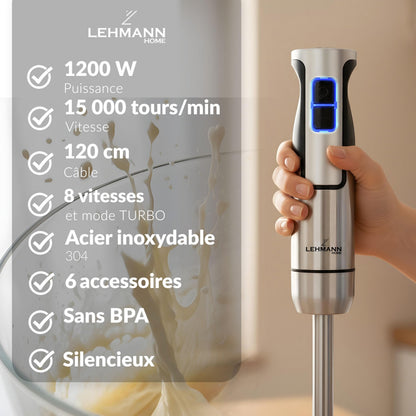 Lehmann Chowmei Mixeur plongeant 1200 W, Mixeur Plongeur avec 8 niveaux de vitesse en acier inoxydable, Mixeur blender pour Aliments pour Bébé, Soupe, Sauce et Purée, Accessoires du mixer inclus
