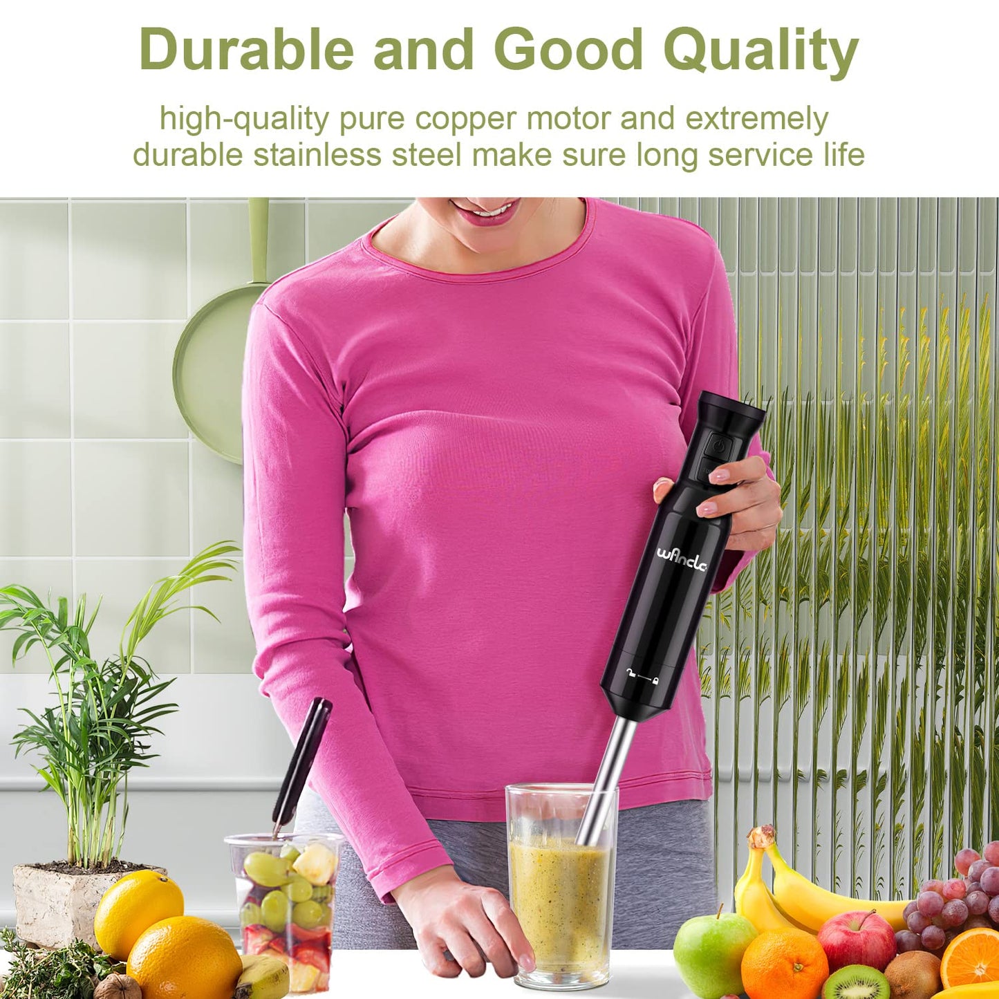 Mixeur Plongeant, Wancle mixer plongeur 600W, avec mode turbo pour les aliments pour bébés, les smoothies, les sauces et les soupes (Black)
