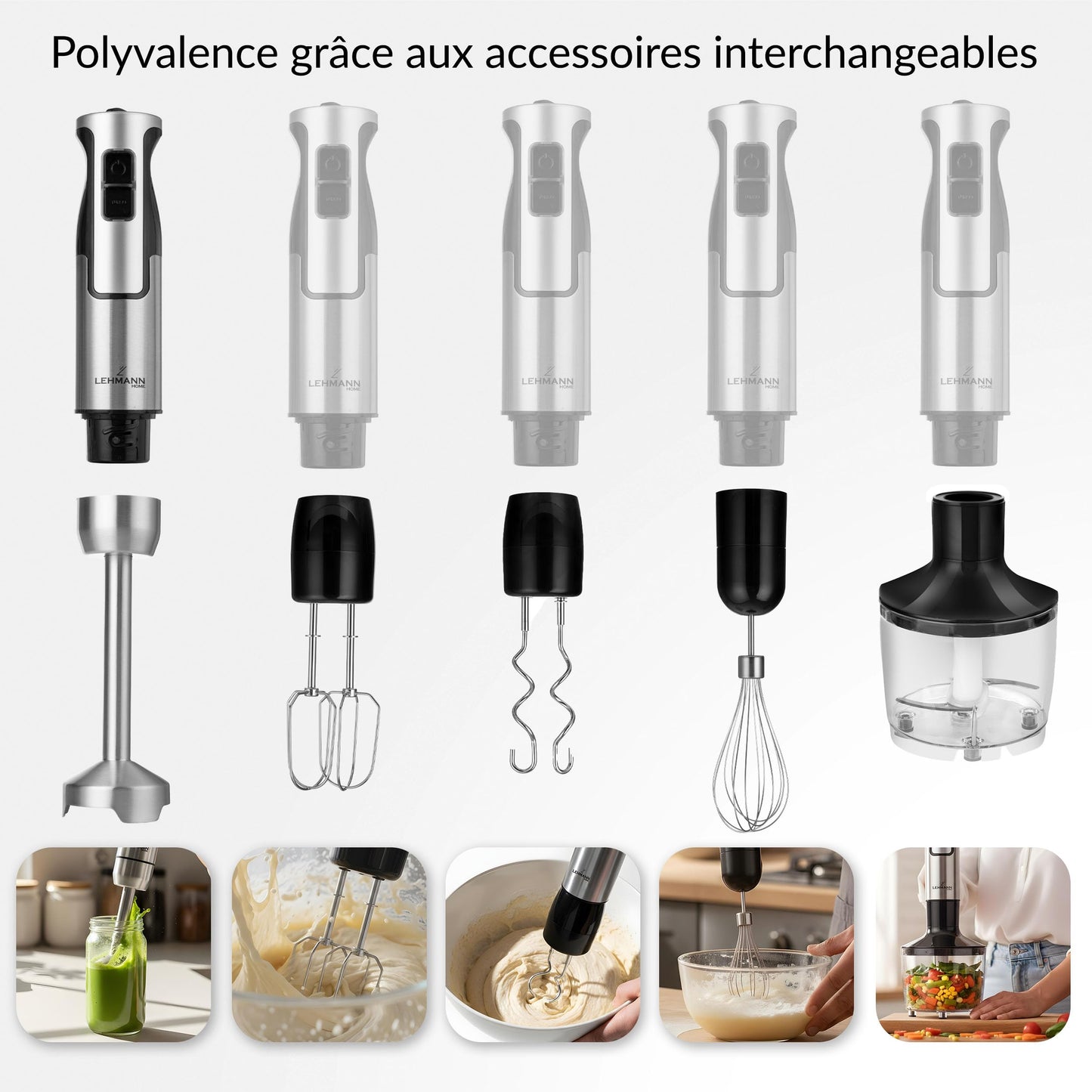Lehmann Chowmei Mixeur plongeant 1200 W, Mixeur Plongeur avec 8 niveaux de vitesse en acier inoxydable, Mixeur blender pour Aliments pour Bébé, Soupe, Sauce et Purée, Accessoires du mixer inclus