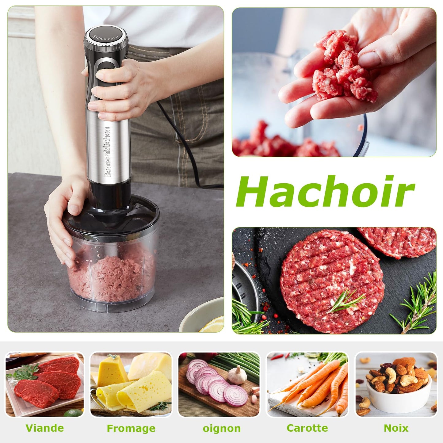 Bonsenkitchen Mixeur Plongeant, 4-en-1 Mixeur Plongeur Multifonction 1000W, 20 Vitesse Réglable, avec Fouet, Hachoir de 500ml et Verre Doseur 700 ml, Robot de Cuisine (HB3203)