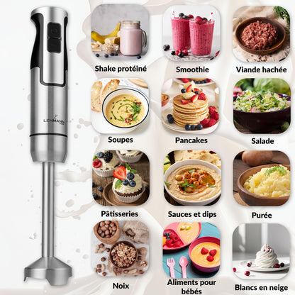 Lehmann Chowmei Mixeur plongeant 1200 W, Mixeur Plongeur avec 8 niveaux de vitesse en acier inoxydable, Mixeur blender pour Aliments pour Bébé, Soupe, Sauce et Purée, Accessoires du mixer inclus